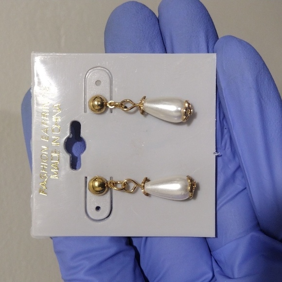 Women's Polished Gold-tone Off-White Long Beads Design Drop Dangle Earrings, #1 - Picture 3 of 4